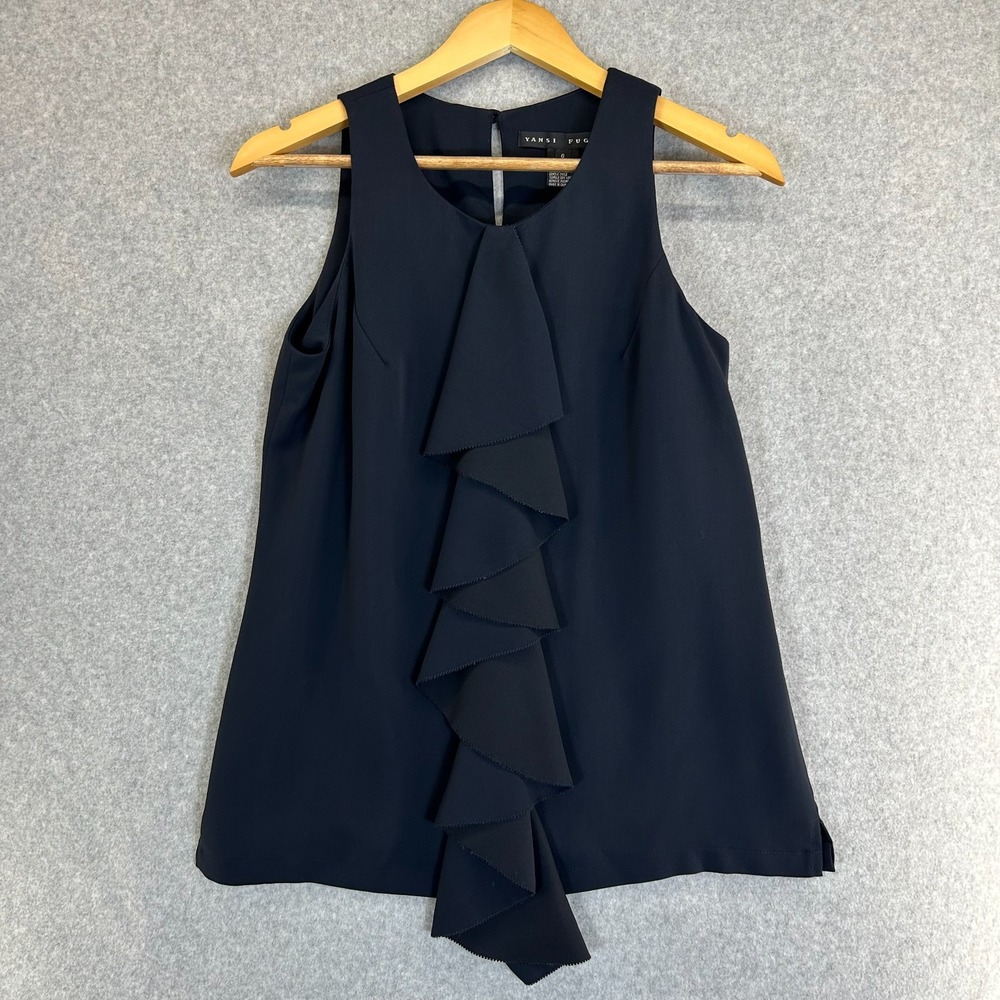Yansi Fugel Sleeveless Blouse Navy Blue Office Ruffle Front Top Womens‎ Size 6